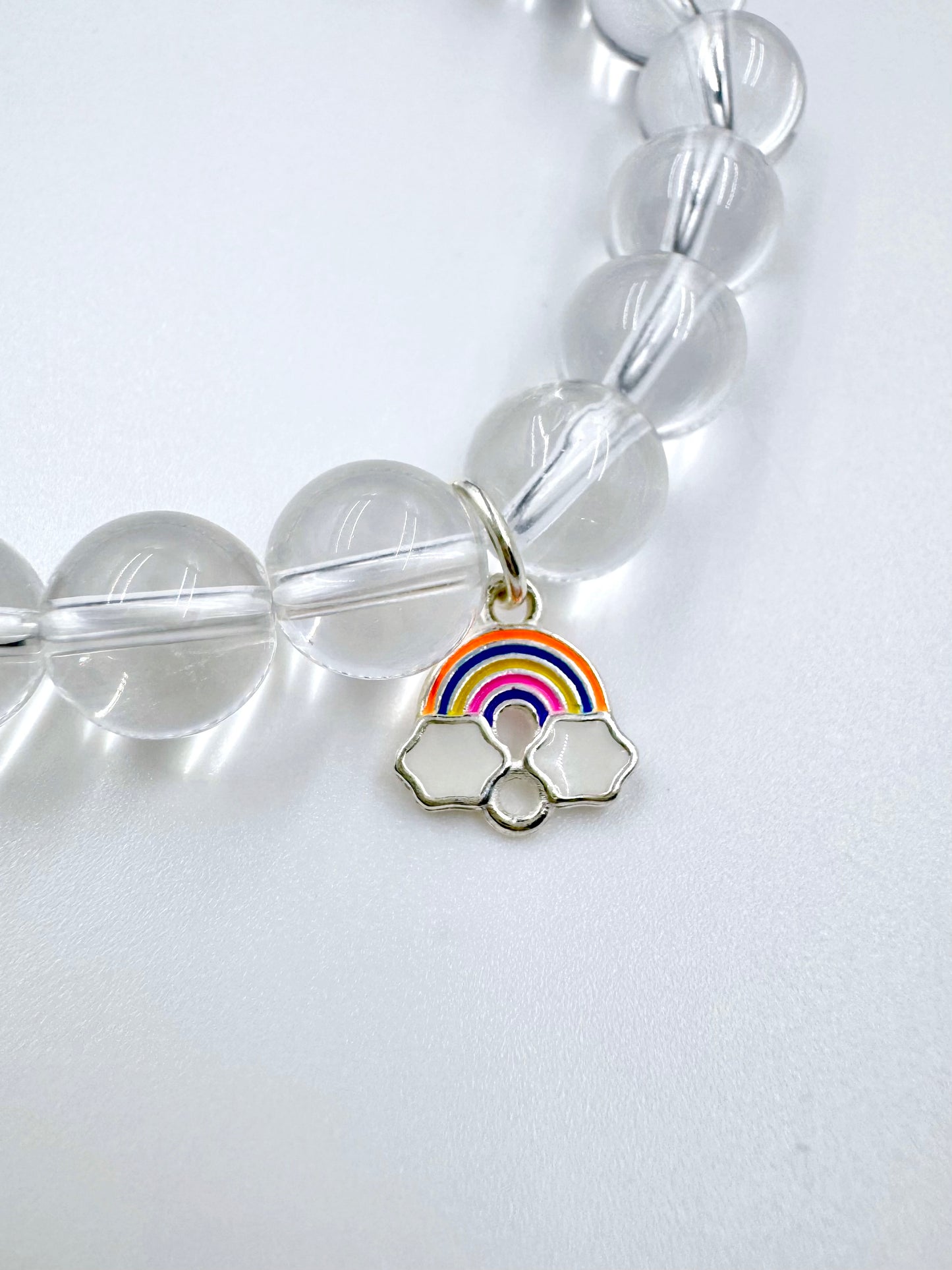Natural Clear Quartz Bracelet – Sterling Silver Rainbow Charm