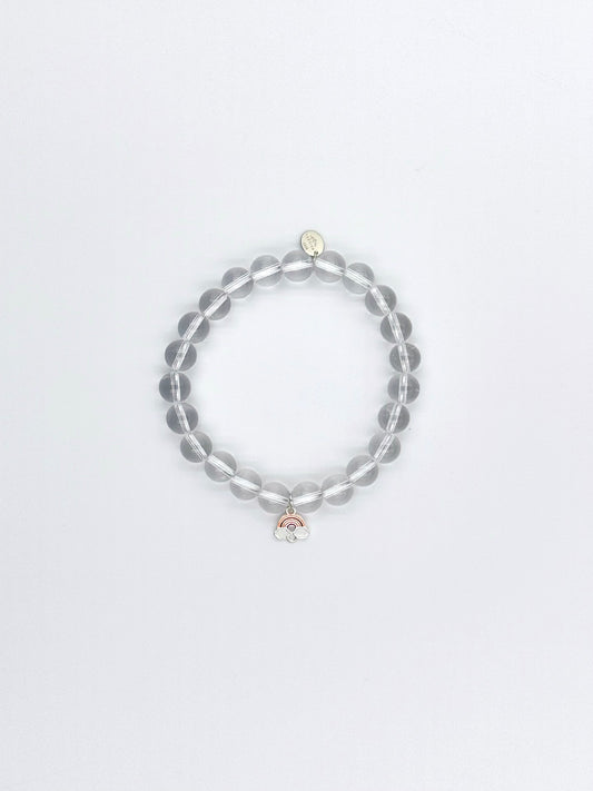 Natural Clear Quartz Bracelet – Sterling Silver Rainbow Charm